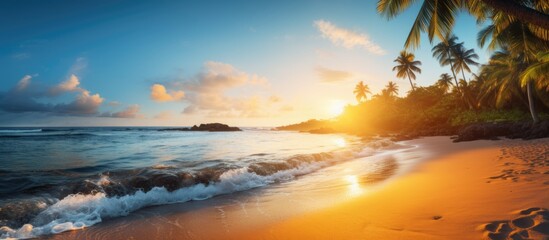 Poster - A tropical beach and blue sea at sunset provide a summer vacation copy space image.