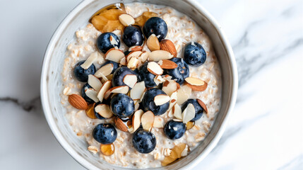 Wall Mural - Oatmeal with blueberries and almonds. Healthy breakfast bowl of oatmeal with blueberries, almonds, and honey on a marble background.