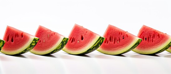 Poster - Ripe red watermelon slices displayed on a white background with a copy space image.