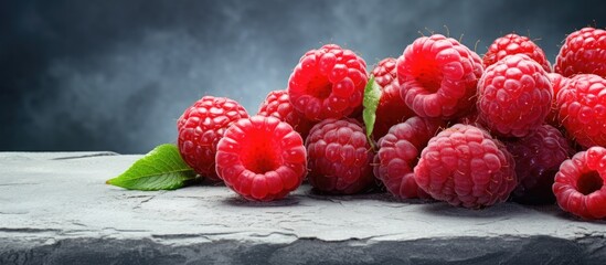 Raspberries showcased on a textured stone surface, providing an artistic display with ample copy space image.