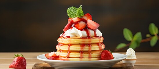 Aufkleber - Strawberry-topped pancake with copy space image.