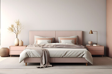 Wall Mural - Japandi beige bedroom with empty space for wall art mock up. Minimalist neutral interior design with bed and pillows.