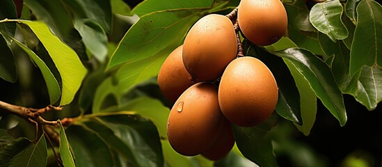 Leinwandbilder - Close-up image of brown sapota fruit surrounded by green leaves with copy space image.