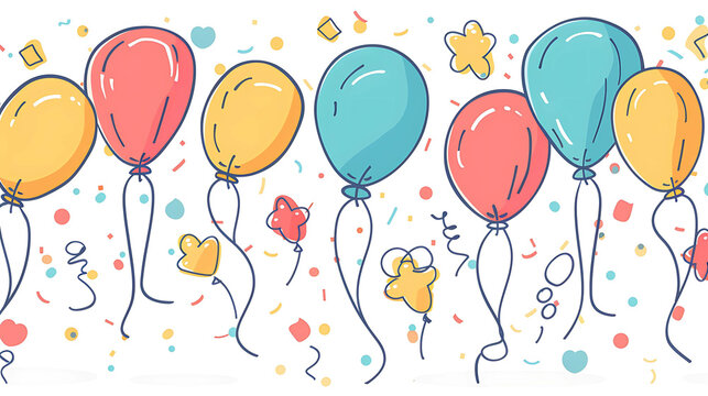 Colorful balloons and confetti on a white background. The balloons are red, blue, yellow, and green. The confetti is pink, blue, and yellow.