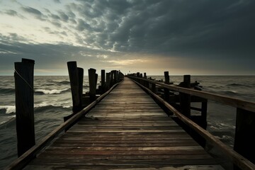 Poster - Moody sunset over the ocean with a deserted wooden pier leading into the horizon