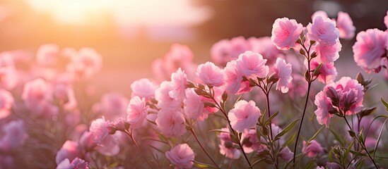 Canvas Print - pink flowers illuminated by the warm glow of the setting sun, with copy space image.