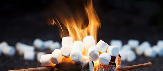 Toasted white marshmallows on wooden sticks over unlit campfire wood with copy space image.