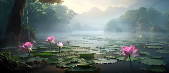 Fototapete - Stunning pink lotus ponds with serene surroundings frame a tranquil scene, providing a perfect setting for a copy space image.