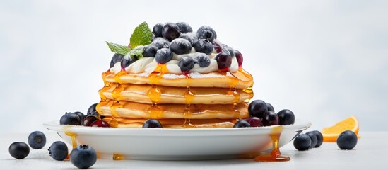 Aufkleber - Pancakes topped with apricot jam and blueberries on a white backdrop with copy space image.