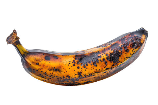 close-up of a single, ripe, overripe banana with dark spots on its peel