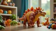 © Nikolaus - A Vibrant Toy Stegosaurus in a Child’s Playroom, Surrounded by Other Toy Animals and Action Figures, Photographed in Hyperrealistic Cinematic Style