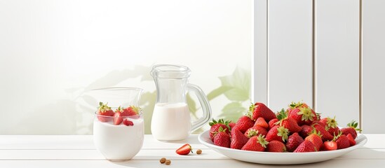 Aufkleber - A simplistic morning meal features fresh red strawberries and cream arranged on a white wooden table, creating an inviting composition with copy space image.