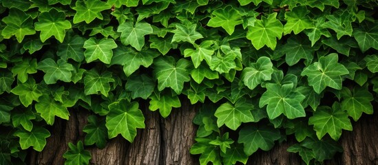 Close-up of a tree trunk with lush green ivy leaves creating a natural background, ideal for copy space image.