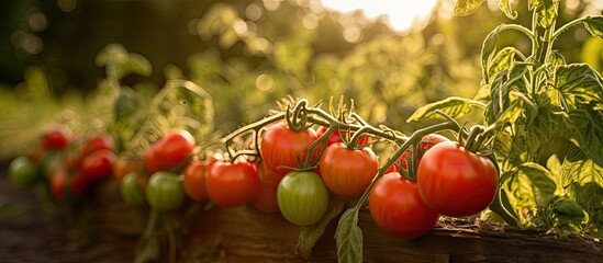 Poster - Partially ripe tomatoes growing in the sun in a small village field, some ready for picking, all organic - depicted in a copy space image.