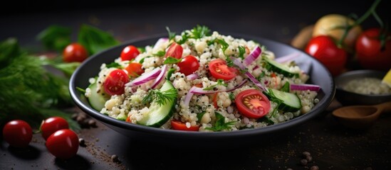 Healthy vegan food featuring a quinoa white bean salad garnished with cherry tomatoes, cucumber, red onion, and herbs, with copy space image.