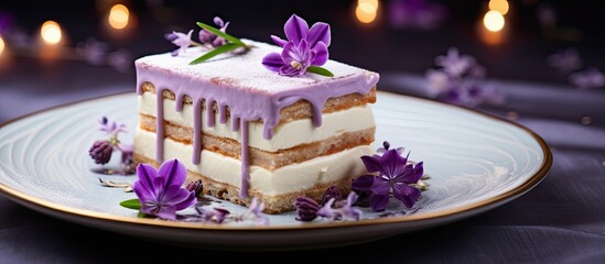 Poster - Sweet dessert decorated with a purple flower on top, creating an appealing look with a copy space image.
