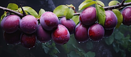 Poster - Harvest of ripe plums on the branch, with copy space image available.