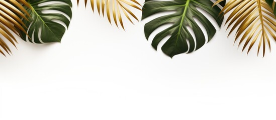 Aufkleber - Minimal concept featuring gold tropical palm leaves and Monstera on a white background in a flat lay composition with a top view, creating a stylish copy space image.