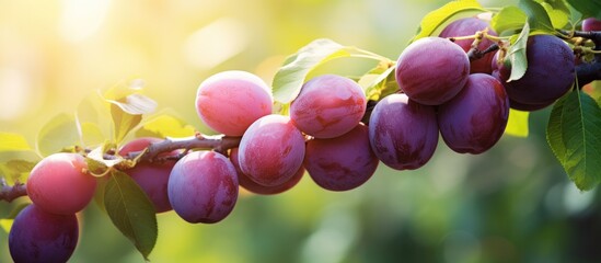 Poster - Harvest of ripe plums on the branch, with copy space image available.