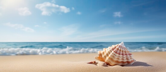 Aufkleber - Sandy beach with a sea shell on it, set against a summery backdrop with space for adding images. with copy space image. Place for adding text or design