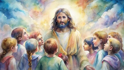 Oil painting style watercolor of Jesus Christ surrounded by a group of young children , Jesus Christ, children, group, teacher, religious, faith, love, compassion, art, painting, colorful