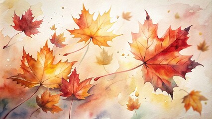 Wall Mural - Watercolor painting of isolated autumn colored maple leaves falling, autumn, red, maple, leaves, isolated, watercolor, painting, falling, nature, seasonal, foliage, colorful, vibrant