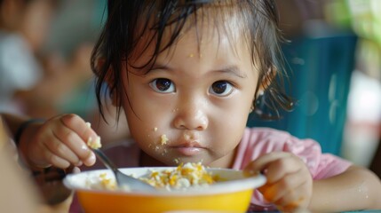 Little girl eating food from a bowl with a spoon.