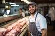 © Yuliia - Young smiling butcher slicing expensive organic meat shop grocery store vendor satisfied customer beef pork chicken fresh food raw uncooked food supply protein product butchery barbecue store