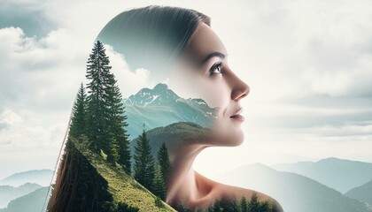 Double exposure of nature landscape mountain forest and woman face
