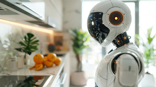 A robot with advanced dexterity skillfully prepares a meal, surrounded by fresh ingredients in a sleek, modern kitchen, generative ai