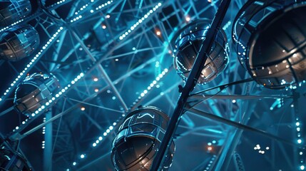 Night market ferris wheel at night. Ferris wheel close up and light effects in amusement park.