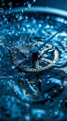 clock gears, clock pointer, splashing water, Extreme Closeup View, Detail Shot,