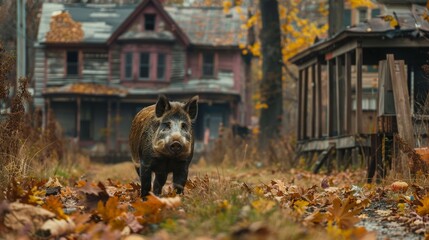 Wall Mural - A pig is walking down a street in a town with houses and trees