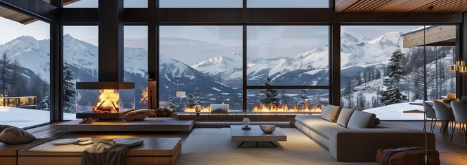 Modern luxury chalet with open-plan living room, floor-to-ceiling windows, and panoramic mountain views surrounding a roaring fireplace |