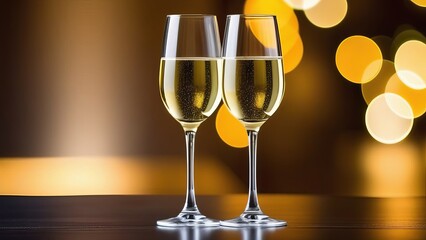 Two glasses of white wine illuminated by a festive, golden glow. The background features soft, warm bokeh lights, adding a touch of elegance and celebration to the scene