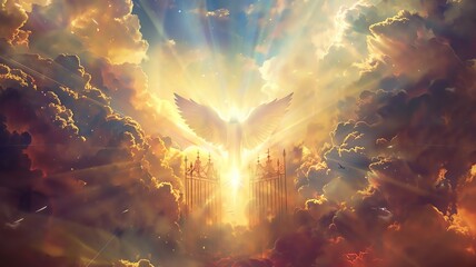 A religious and spiritual illustration of heaven with an angel with big wings behind the pearly gates with beams of light and clouds