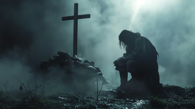 An illustration of a man with long hair kneeling down to pray to a big wooden holy cross, smoky and murky ambience
