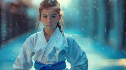 Wall Mural - Martial arts girl with a blue belt in a white kimono. The background is intentionally colored and blurred to make the girl pop.