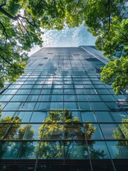 Ecofriendly building in the modern city Sustainable glass office building with tree for reducing heat and carbon dioxide Office building with green environment Corporate building r