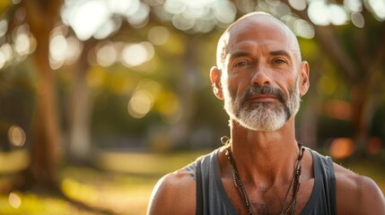 Wall Mural - A bald man with a gray beard and a necklace sitting in a park with a blurred background of trees and sunlight.