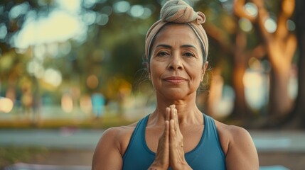 Wall Mural - A woman in a blue tank top with her hands clasped together in a prayer position wearing a headband standing in a park with trees and a blurred background.