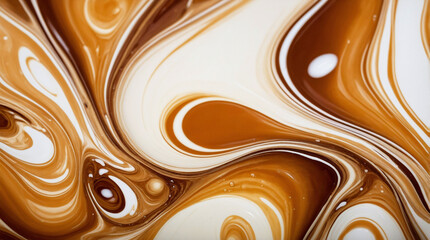 Texture pattern of liquid caramel with milk, dulche de leche, salted caramel dessert. Top view of sweet brown white liquid with bubbles and swirls