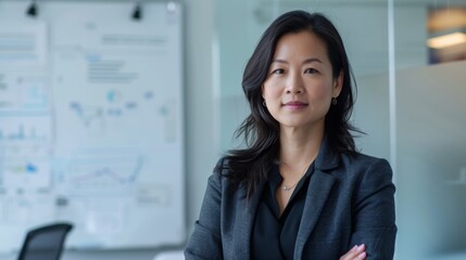 Canvas Print - A poised Asian woman in a professional setting standing confidently in front of a whiteboard filled with graphs and notes.