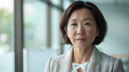 Canvas Print - Asian woman with short hair wearing a white blazer and a pearl necklace standing in frontof a window with a blurred view of a building.