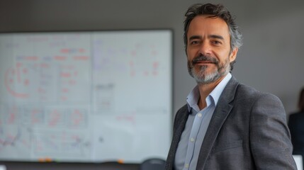 Poster - A man with a beard and gray hair wearing a suit standing in front of a whiteboard with diagrams and notes smiling and looking towards the camera.