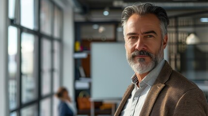 Poster - A man with a beard and gray hair wearing a brown jacket standing in an office with large windows looking directly at the camera.