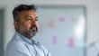 © Z A C - A man with a beard and graying hair wearing a light blue shirt stands with his arms crossed looking off to the side in front of a whiteboard with pink sticky notes.