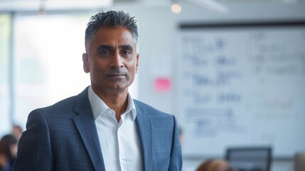 Poster - A man in a suit standing confidently in front of a whiteboard with writing on it possibly in a professional setting.