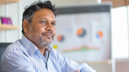 Poster - Man in striped shirt with arms crossed sitting in office with whiteboard in background.