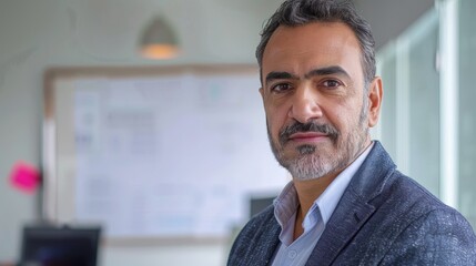 Poster - A man with a beard and mustache wearing a suit and standing in an office with a whiteboard in the background.